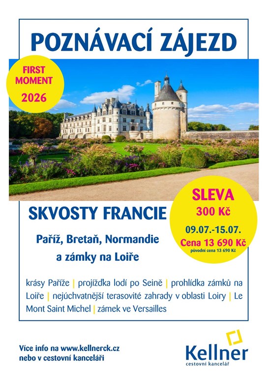 1. Leták Skvosty Francie – Paříž, Bretaň, Normandie a zámky na Loiře 2026