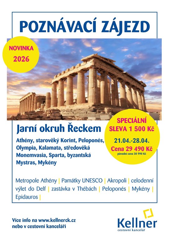 2. Leták Jarní okruh Řeckem - Athény, starověký Korint, Peloponés, Olympia, Kalamaty, středověká Monemvasia, Sparta, byzantská Mystras, Mykény 21.-28.04.2026